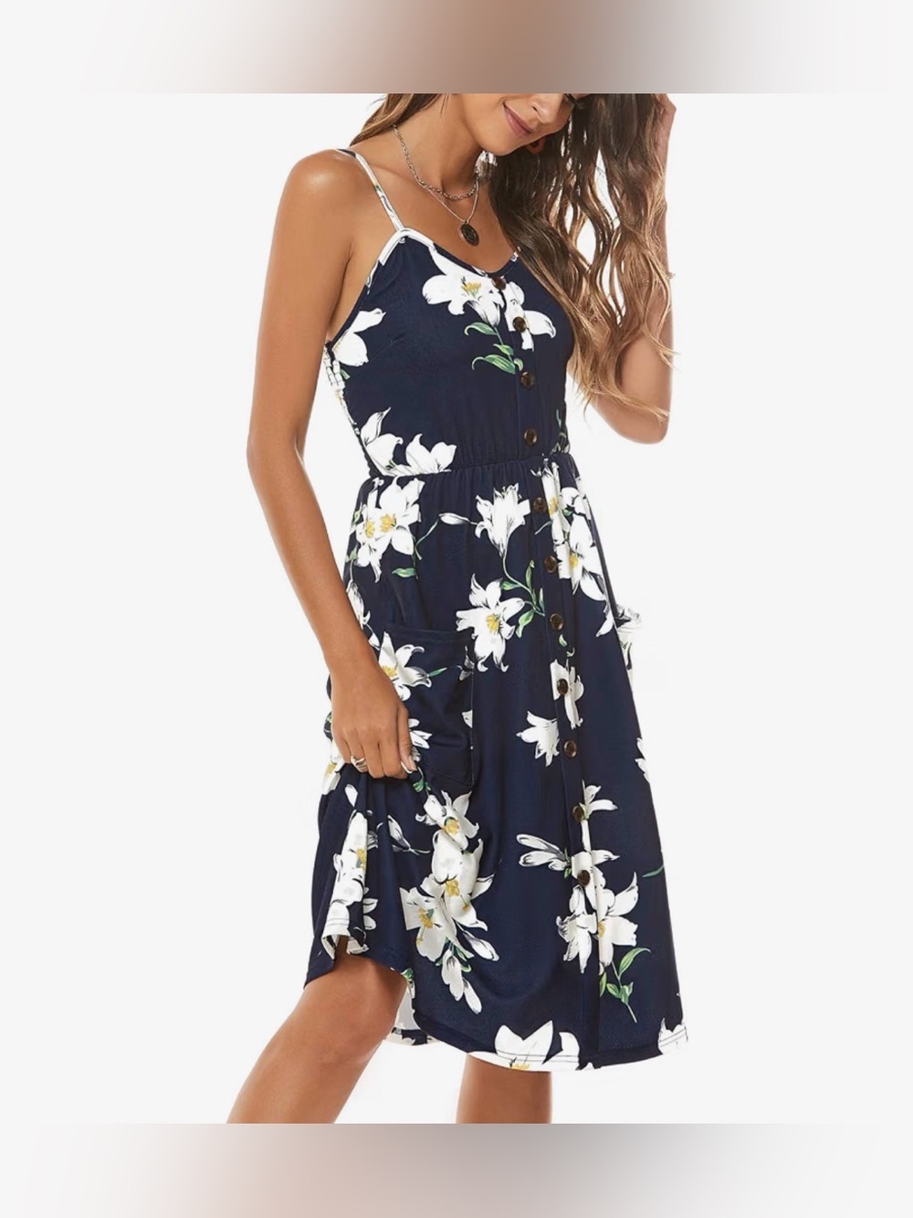 Large halife Navy Floral Button-Front Sundress pockets sleeveless midi